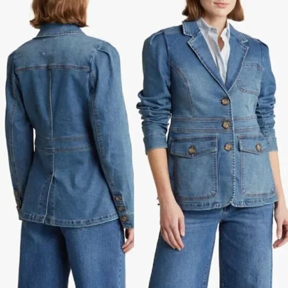 NEW HABITUAL Oversized Denim Jacket Blazer XS In Lagoon Blue Jean Stretch $109 - Picture 1 of 16